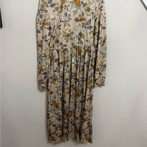 Floral Long-Sleeve Tiered Midi Dress in Beige and Mustard